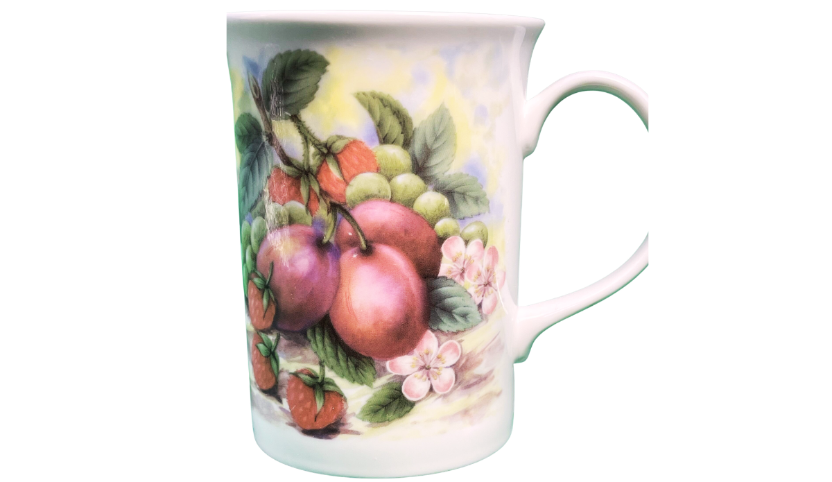 Back view of the Churchill fruit mug with plums, green grapes, strawberries, and pink blossoms