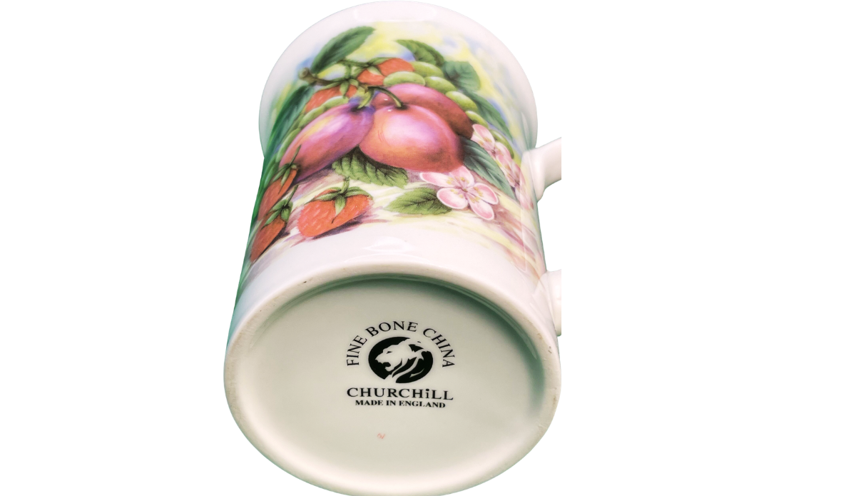 Bottom view of the Churchill fruit mug with Fine Bone China Made in England backstamp