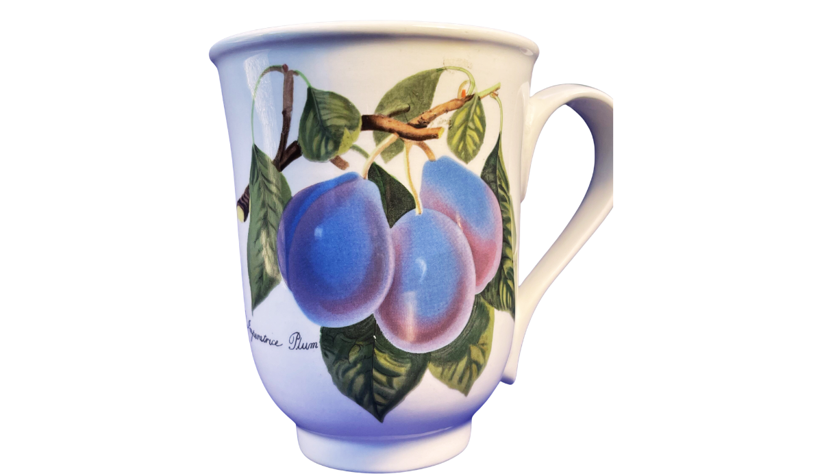 Portmeirion Pomona plum mug with three blue-purple plums and green botanical leaves