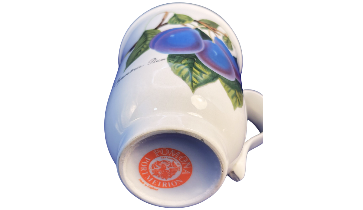 Bottom view of the Portmeirion Pomona plum mug with Made in England backstamp