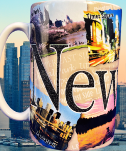 Americaware 2007 New York State 3D Souvenir Mug displayed against a New York City sunset skyline