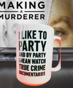 funny true crime mug on couch watching documentaries cozy night lifestyle
