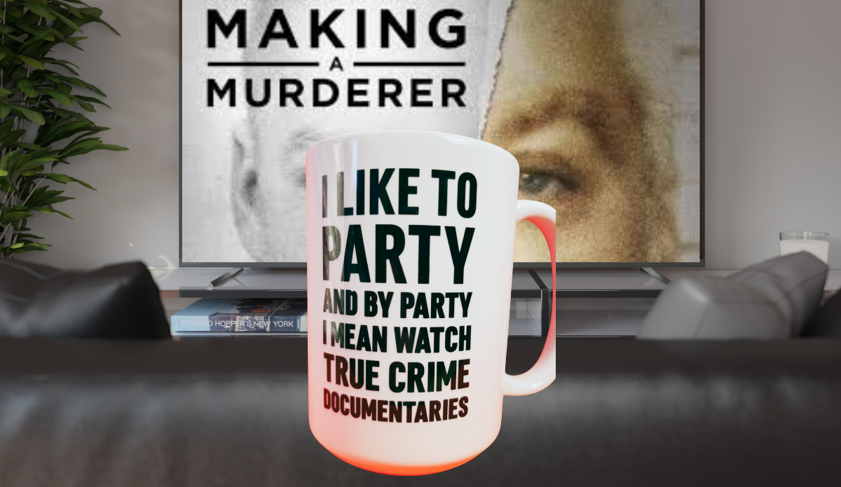 funny true crime mug on couch watching documentaries cozy night lifestyle