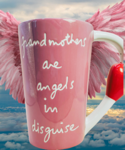 pink grandmothers are angels mug angel wings sky clouds background