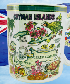 cayman islands souvenir mug styled with island background and tropical setting