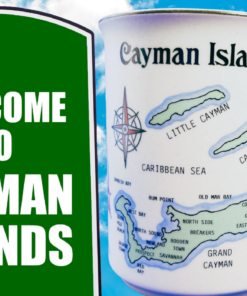 Cayman Islands map mug styled with tropical travel theme and island backdrop