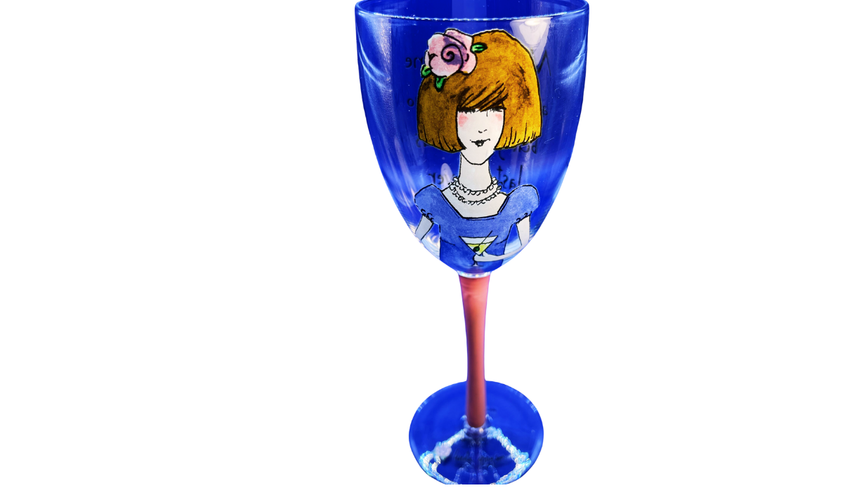 Girlfriends Last Forever Wine Glass front view with Linda Grayson illustrated woman and pink flower
