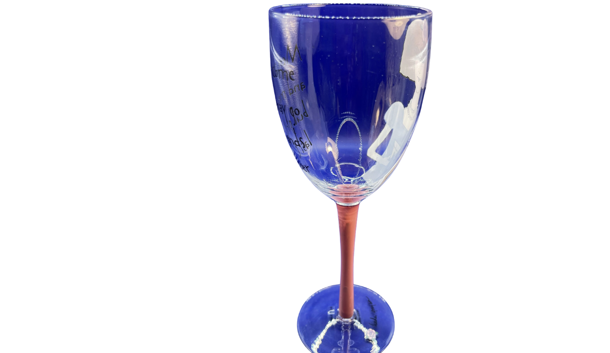 Girlfriends Last Forever Wine Glass opposite side view with clear glass and partial character artwork