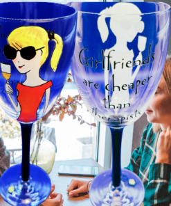 Girlfriends Are Cheaper Than Therapists Wine Glass lifestyle scene with two women talking together at a café