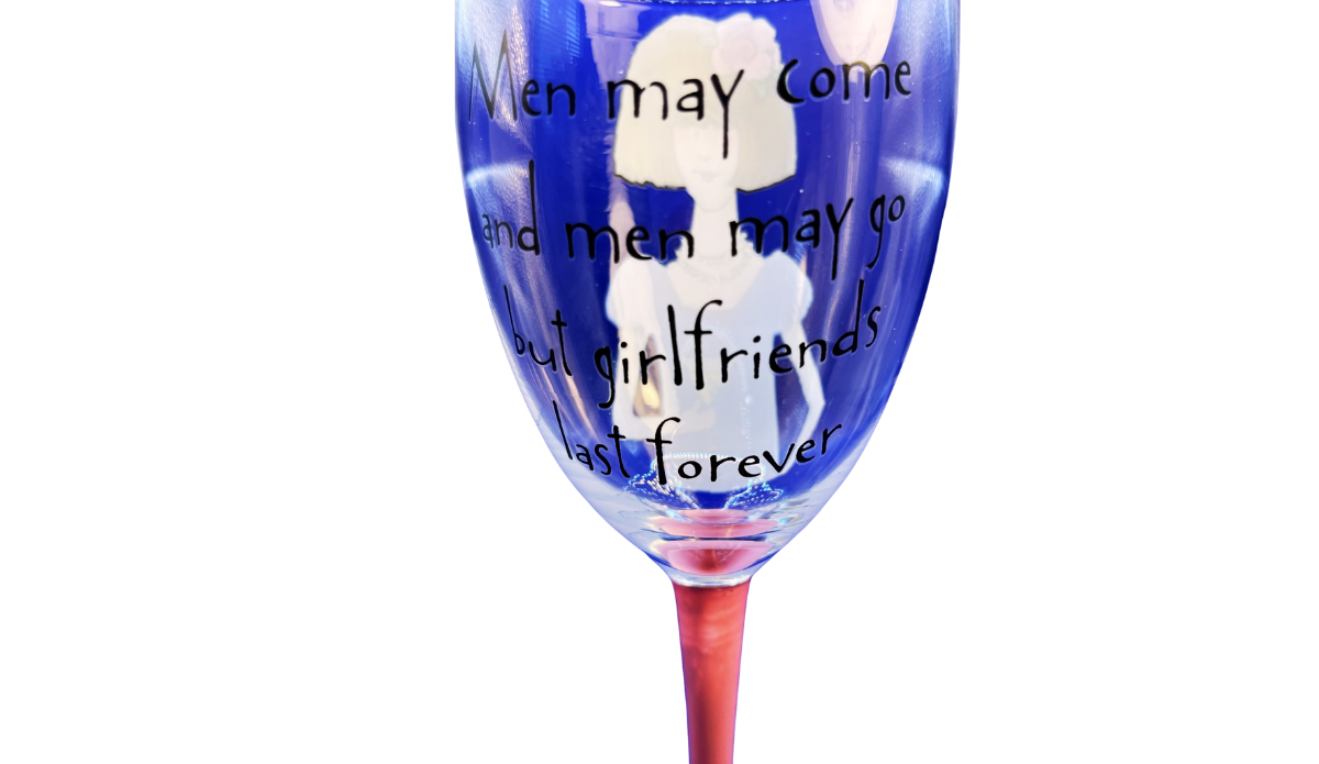 Girlfriends Last Forever Wine Glass quote detail with black friendship wording on clear glass