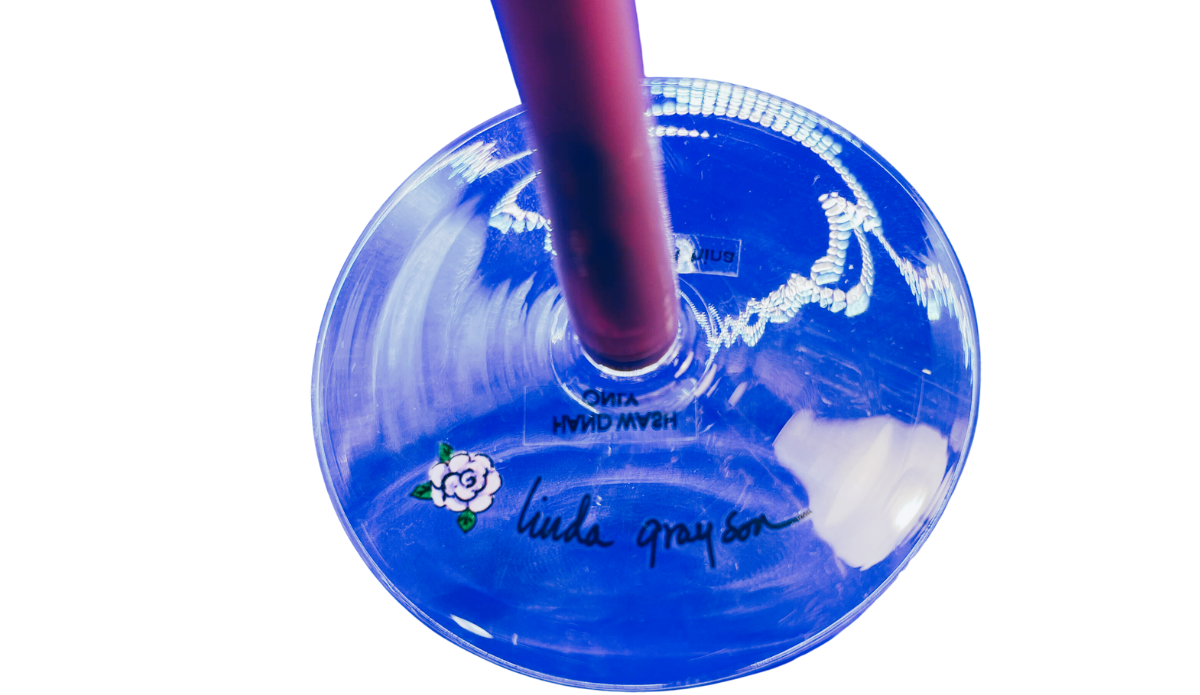 Girlfriends Last Forever Wine Glass clear base with Linda Grayson signature and flower detail