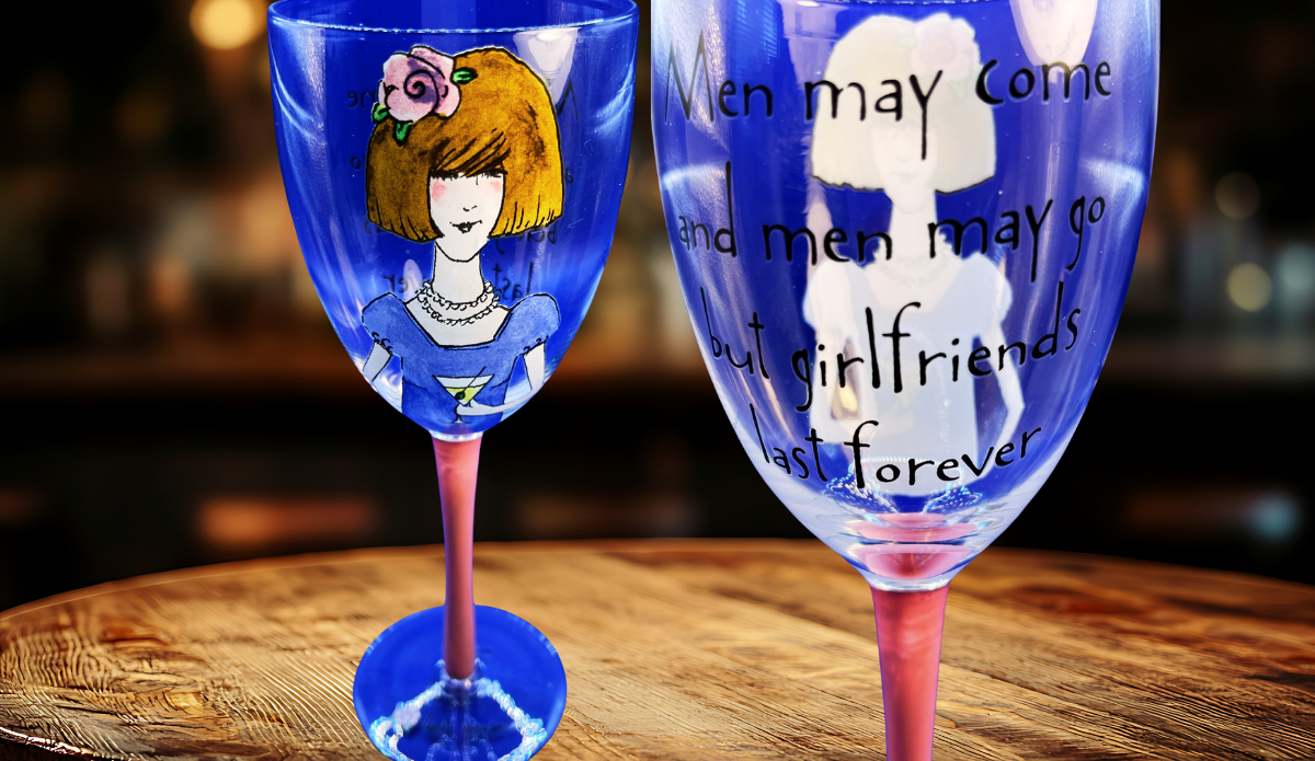 Girlfriends Last Forever Wine Glass displayed in friendship wine night lifestyle scene