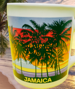 Jamaica Sunset Palm Trees Mug handle side showing tropical sunset scenery and sculpted mug shape
