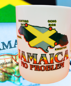Jamaica No Problem Map Mug styled with Jamaica map and island travel background