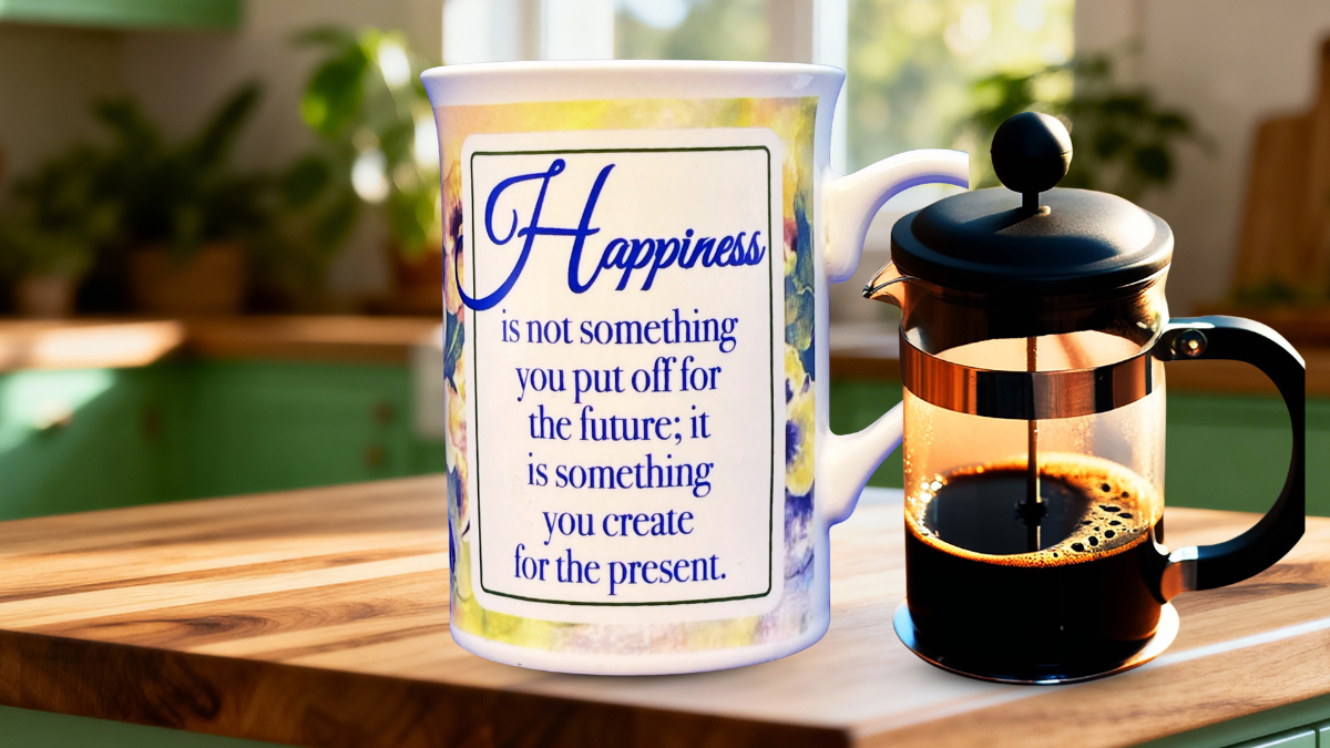 Bay Island Happiness Coffee Mug kitchen scene with French press