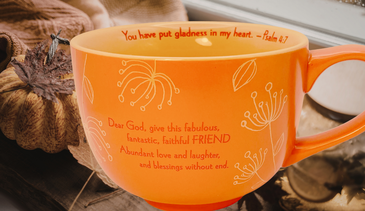 Abbey Press Prayer For My Friend mug styled fall kitchen scene pumpkin decor
