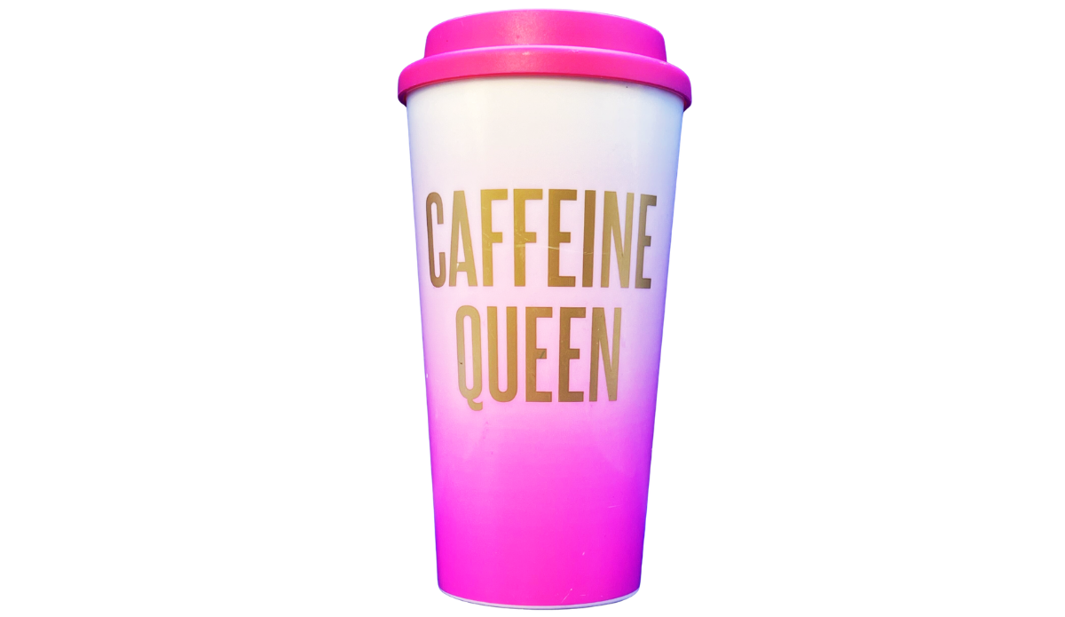 pink ombre caffeine queen tumbler with gold lettering and matching lid