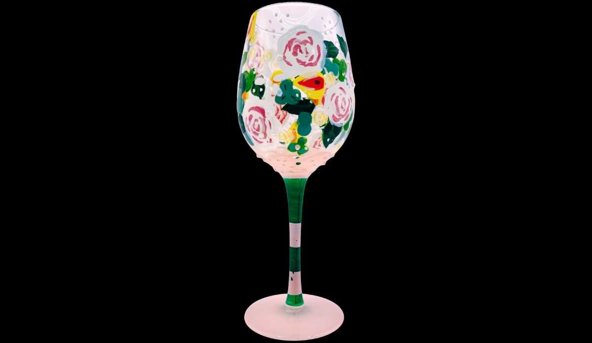 Lolita Bridal Bouquet Wine Glass hand painted floral front view with pink roses and green striped stem