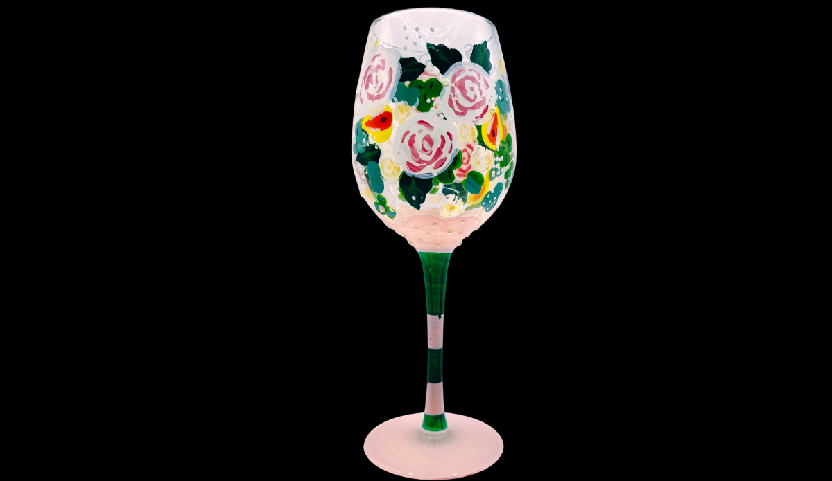 Lolita Bridal Bouquet Wine Glass angled view showing floral detail and green striped stem