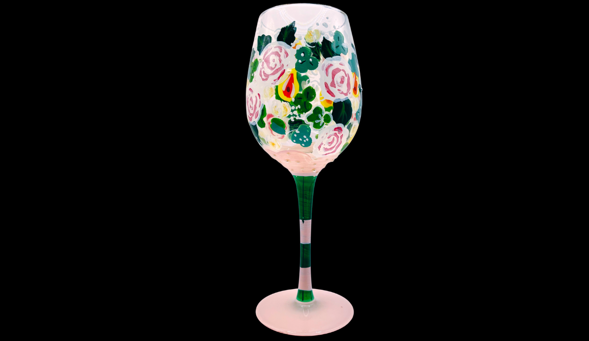 Lolita Bridal Bouquet Wine Glass alternate angle showing painted roses and leaves