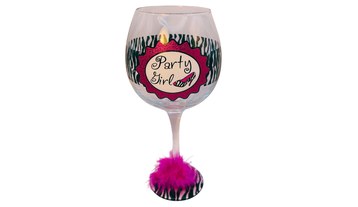 Party Girl zebra print wine glass with pink glitter label and feather base