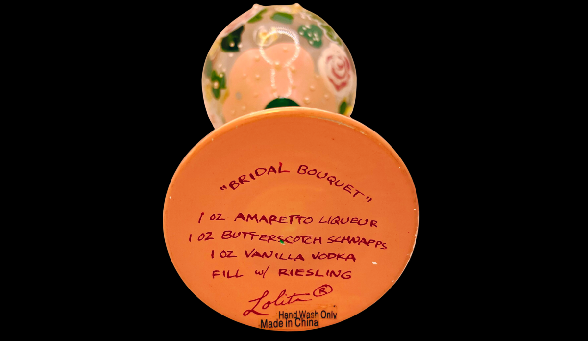 Lolita Bridal Bouquet Wine Glass bottom view with bridal bouquet cocktail recipe printed on base