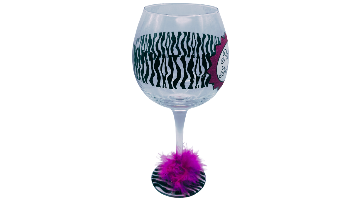 Zebra print wine glass side view showing wraparound pattern and clear bowl