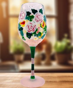 Lolita Bridal Bouquet Wine Glass styled in warm kitchen setting with soft lighting and floral decor