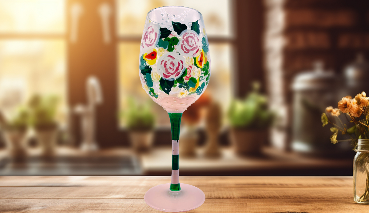Lolita Bridal Bouquet Wine Glass styled in warm kitchen setting with soft lighting and floral decor