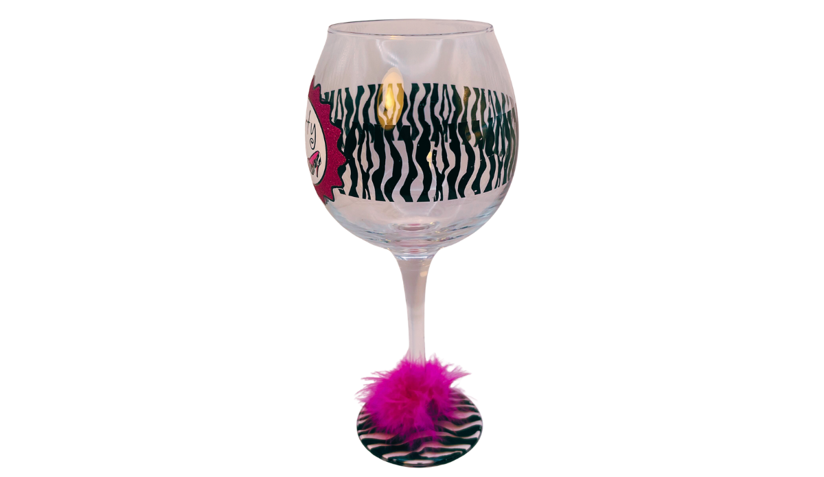 Side angle of wine glass showing zebra print band and smooth clear glass bowl