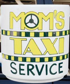 Mom’s Taxi Service mug styled with mom driving kids representing busy mom life