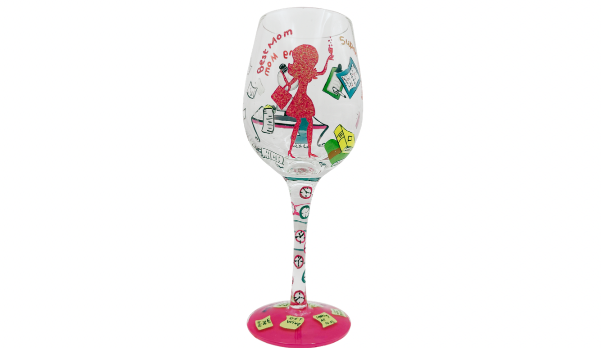 Lolita Working Mom Wine Glass front view with glitter mom figure and office desk wraparound design