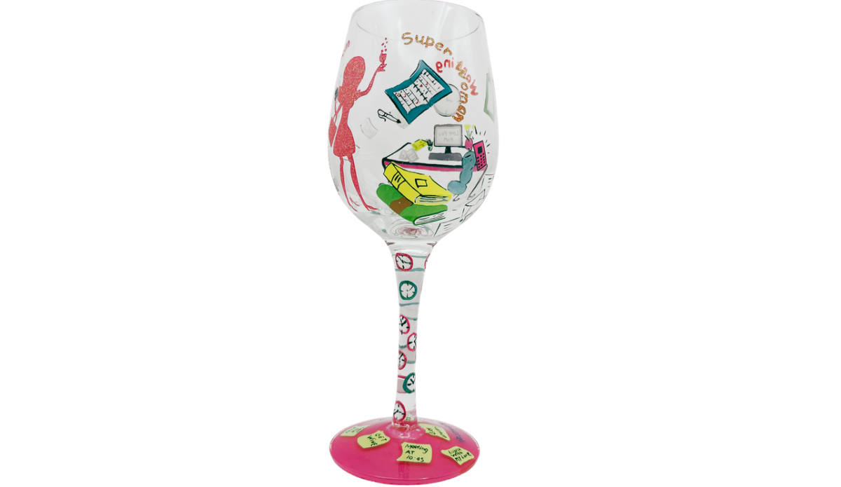 Lolita Working Mom Wine Glass side view showing wraparound office supplies and scattered paper details