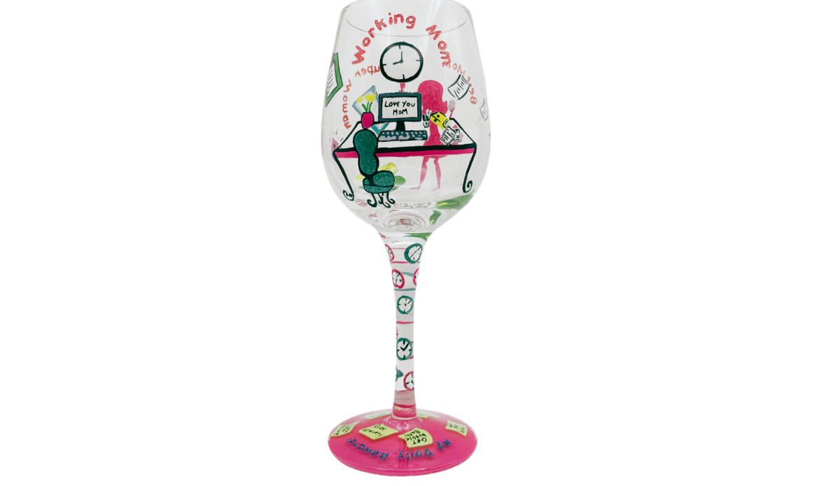 Lolita Working Mom Wine Glass alternate side showing additional wraparound design elements and motion