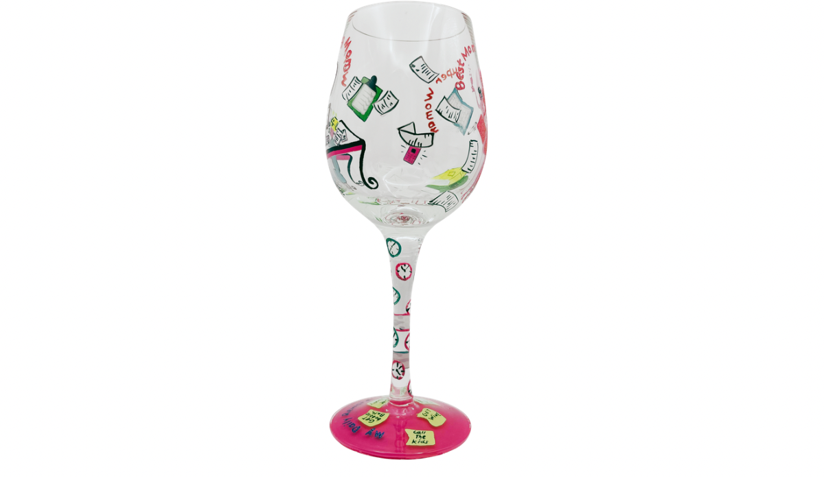 Lolita Working Mom Wine Glass stem with painted clock motifs symbolizing busy schedules