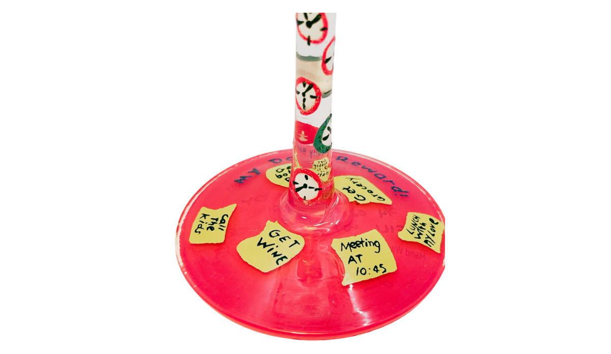 Lolita Working Mom Wine Glass pink base with sticky note reminders including get wine and meeting times