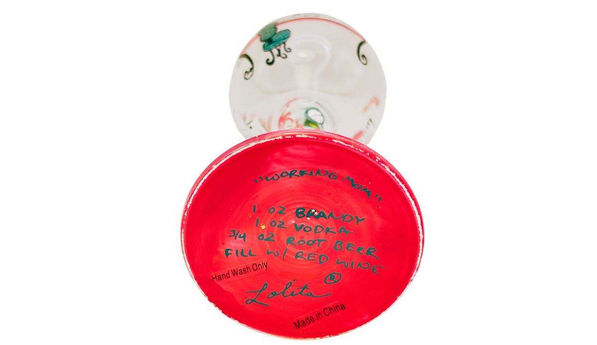 Lolita Working Mom Wine Glass bottom view with hand painted cocktail recipe and Lolita signature