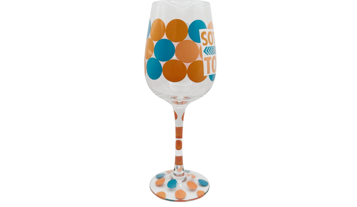 Sotally Tober Wine Glass side view with orange teal circle pattern