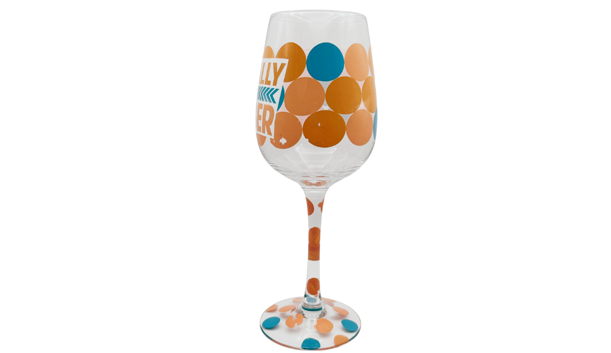 Sotally Tober Wine Glass right side with retro orange teal dots