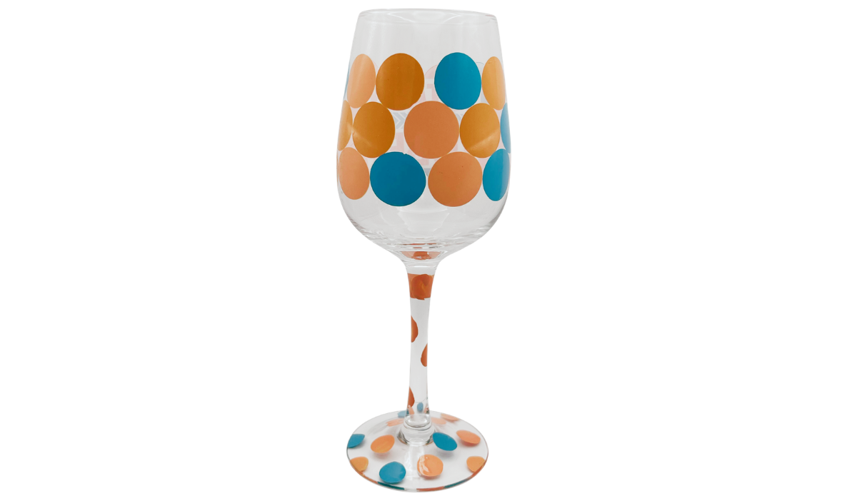 Sotally Tober Wine Glass back view with orange and teal polka dot pattern