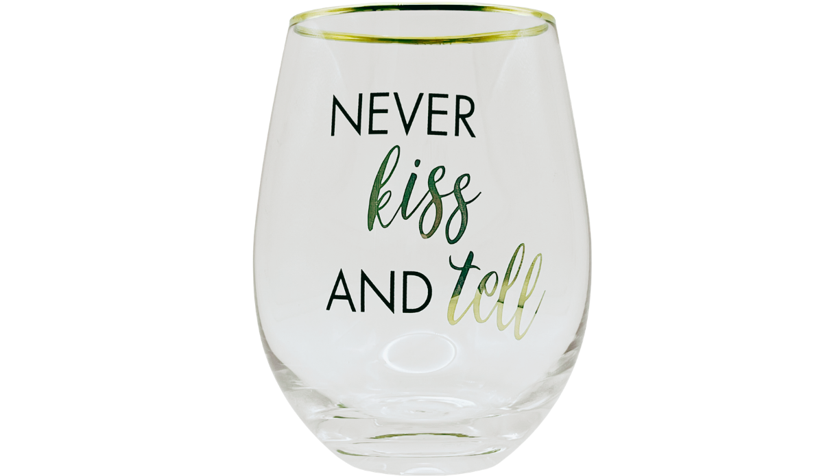 Mikasa Kiss And Tell Glass front view with Never Kiss And Tell lettering, metallic script, and gold-tone rim