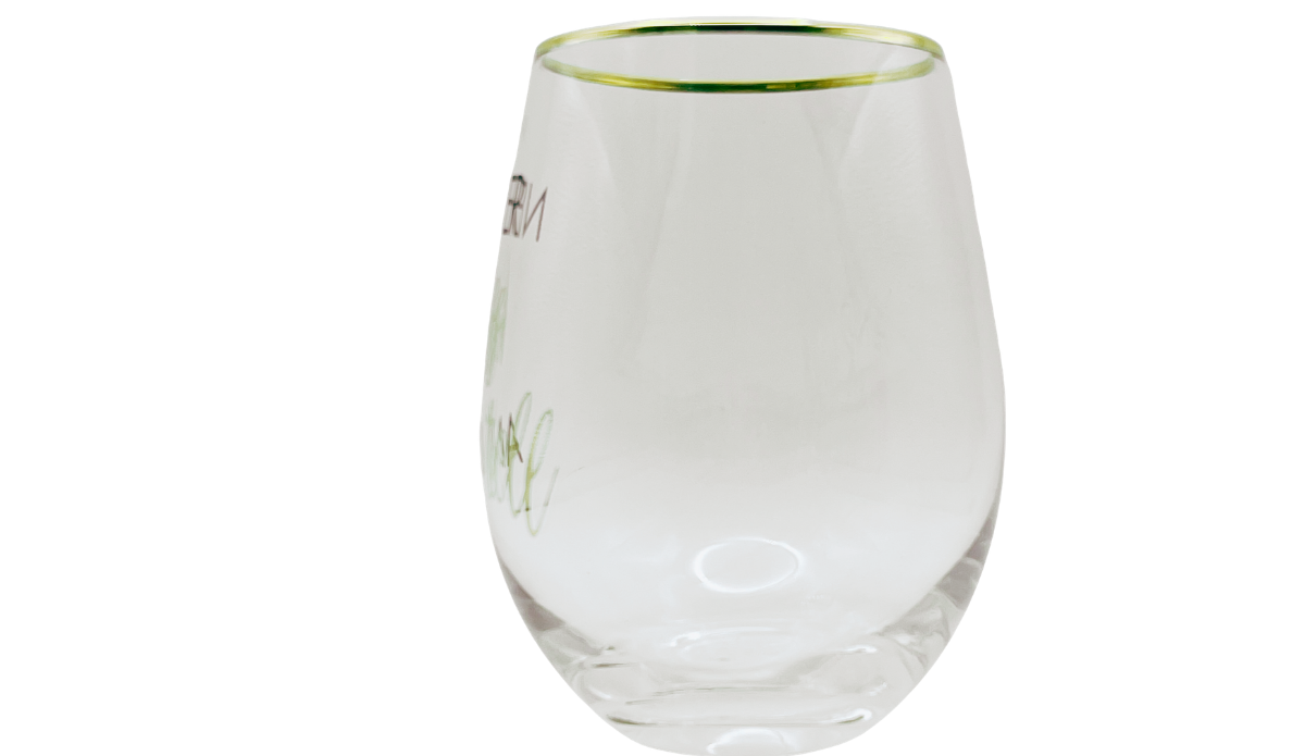 Mikasa Kiss And Tell Glass second side view showing clear stemless body, gold-tone rim, and partial metallic lettering