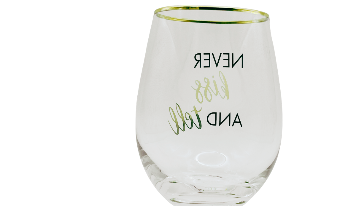 Mikasa Kiss And Tell Glass back view showing reverse lettering through clear glass and gold-tone rim