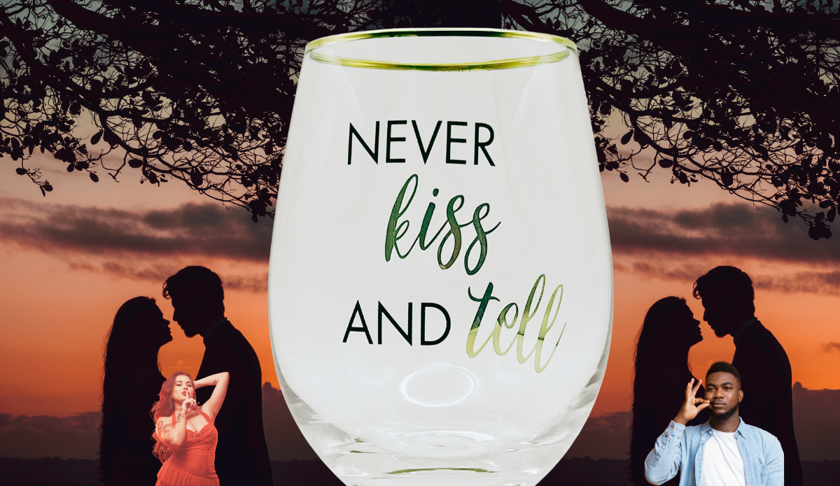 Mikasa Kiss And Tell Glass lifestyle scene with romantic sunset, silhouetted couples, and Never Kiss And Tell message
