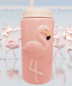 pink flamingo water bottle styled with real flamingos in water background