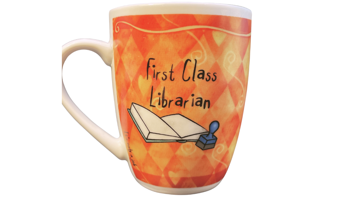 First Class Librarian Funny Mug front view orange porcelain cup