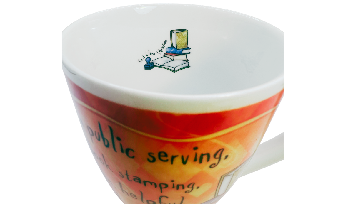 First Class Librarian Funny Mug interior top view with books and stamp illustration