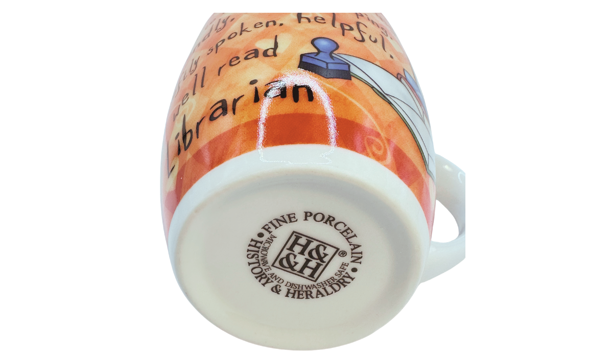 First Class Librarian Funny Mug bottom view H&H History and Heraldry fine porcelain stamp