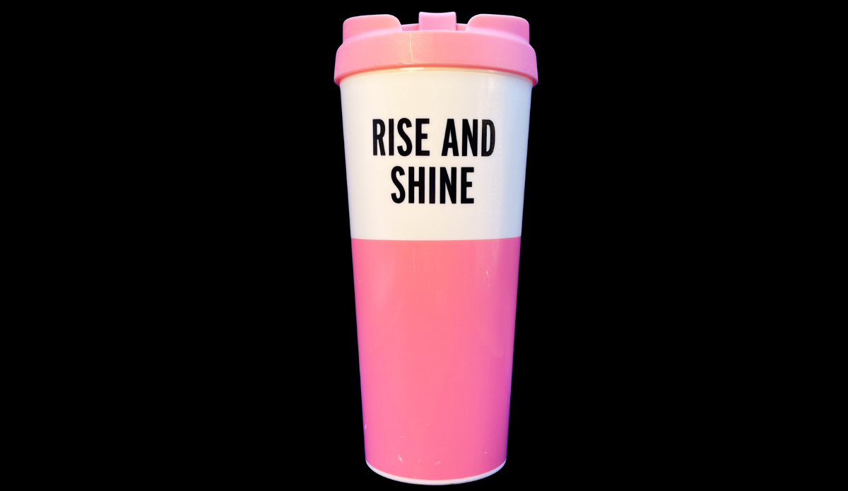 Kate Spade Rise and Shine Pink Tumbler front view with bold motivational text