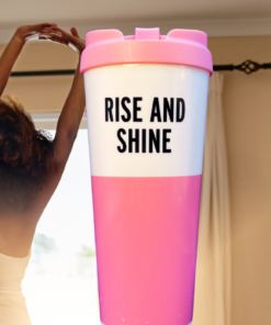 Kate Spade Rise and Shine Pink Tumbler in morning routine setting with natural light